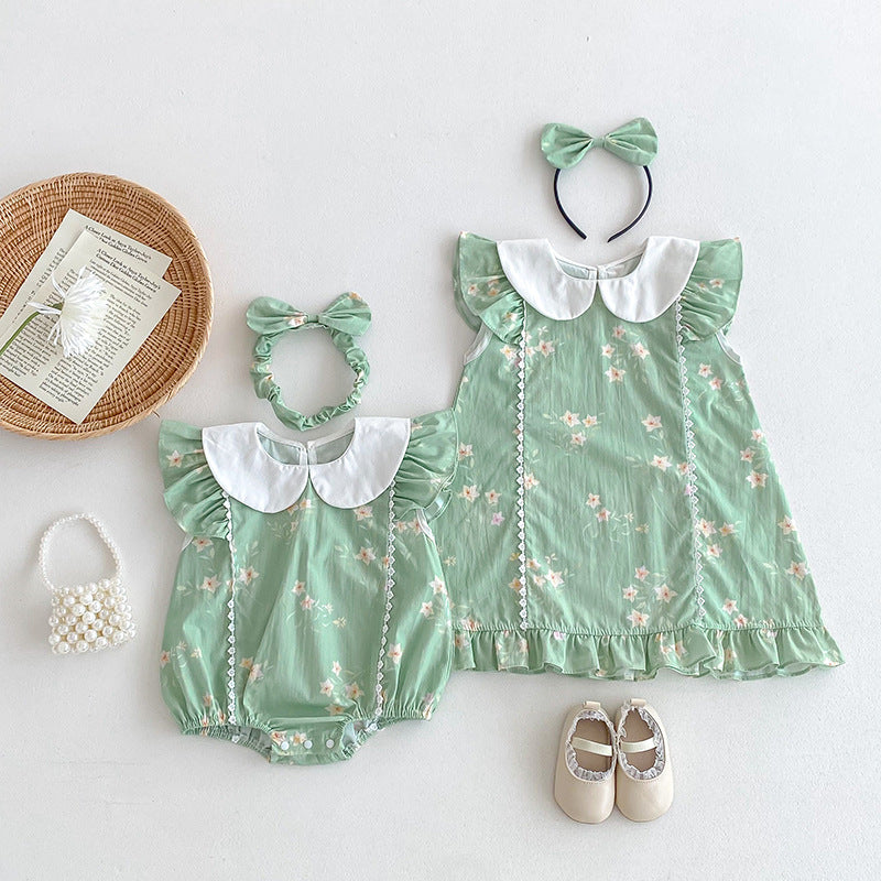 New Design Summer Girls Flowers Pattern Fly Sleeves Peter Pan Collar Onesies And Dress – Sister Matching Clothing Set-3