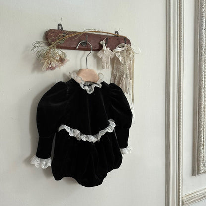 New Arrival Baby Girls Black Long Sleeves Lace Trim Onesie-1