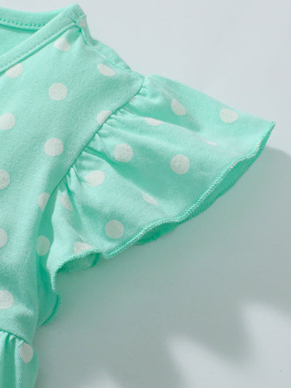 Summer Baby Kids Girls Polka Dots Green Dress And Solid Color Shorts 2-Piece Clothing Set-3