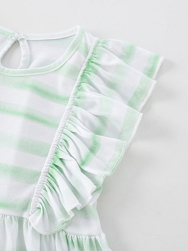 Summer New Arrival Baby Kids Girls Sleeveless Light Green Striped Crew Neck Dress-2