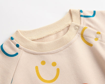 Baby Girl Smiley Print Pattern Long-Sleeve Design Round Collar Onesies-2