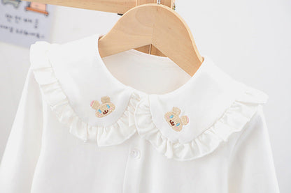 Baby Girl Solid Color Rabbit Print Single Breasted Design Doll-Neck Long-Slleved Shirt-2