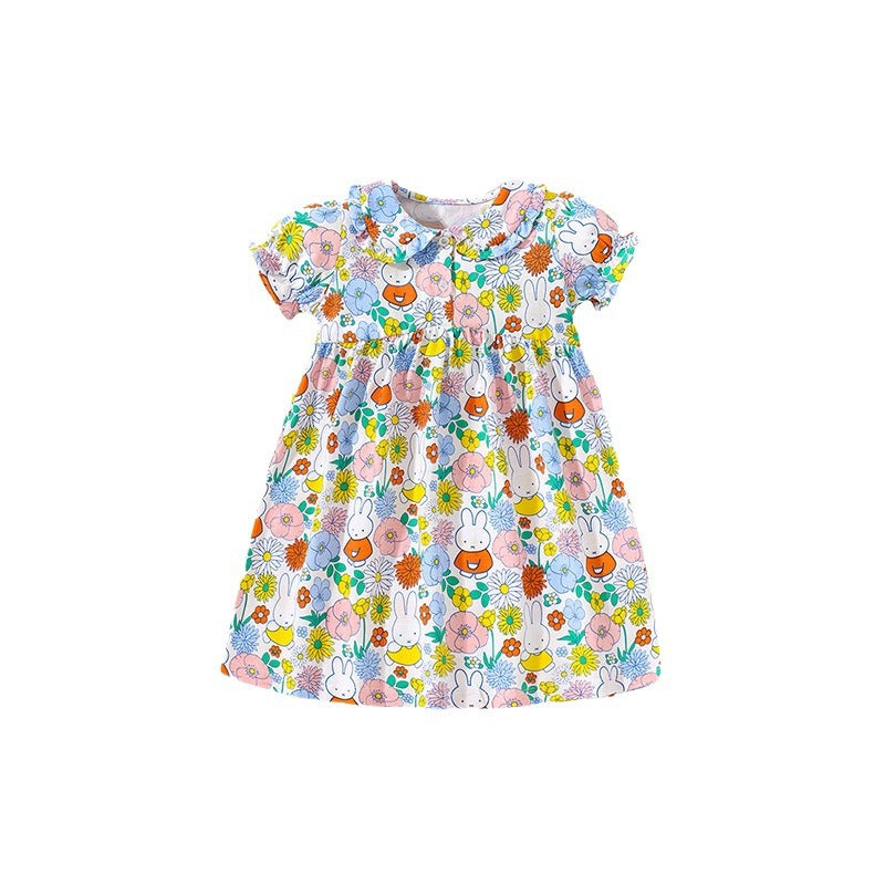 Summer Girls Short Sleeves Flowers Print Peter Pan Collar Dress-0