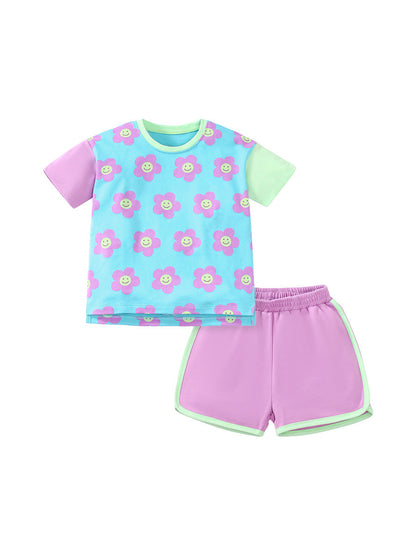 Baby And Kids Girls Floral Cartoon Top And Shorts Casual Home Clothing Set-2