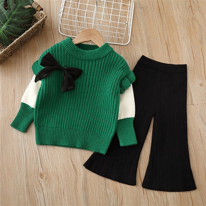 Baby Solid Color Bow Patched Sweater With Pants Sets-2