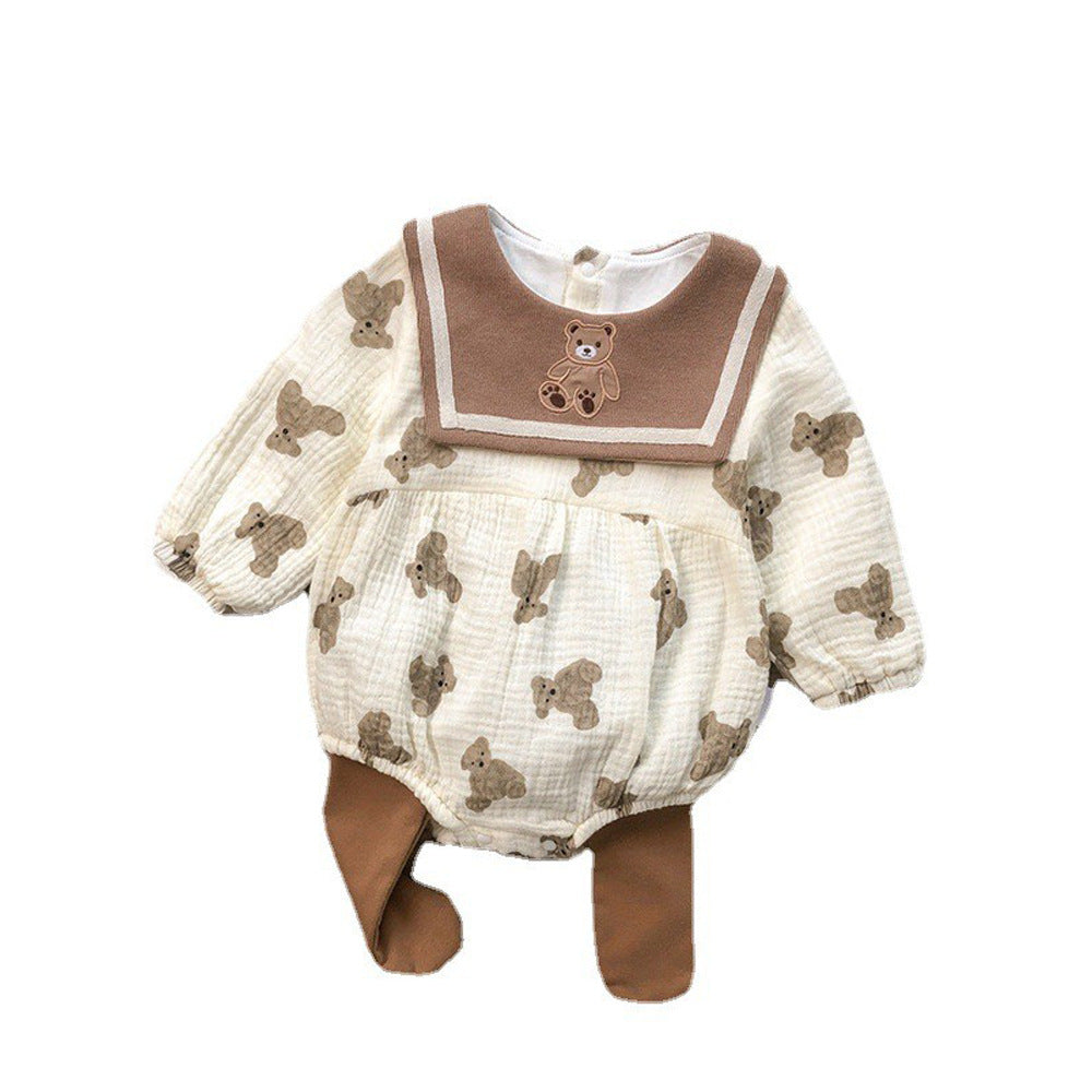 Baby All Over Bear Pattern Big Lapel Design Bodysuit-0