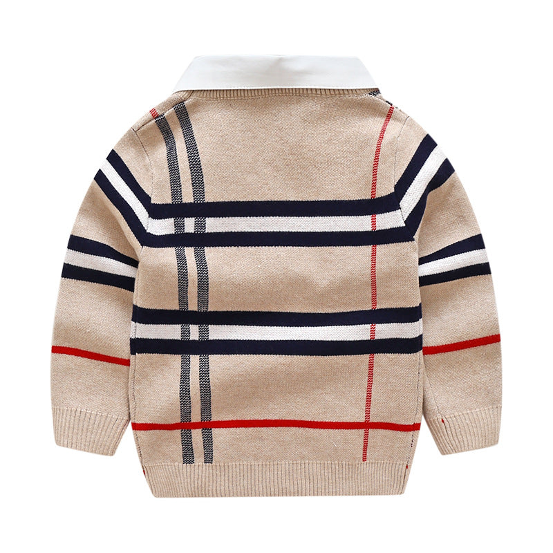 Baby Boy Striped Pattern False 1 Pieces Sweater With Detachable Shirt Neck-2