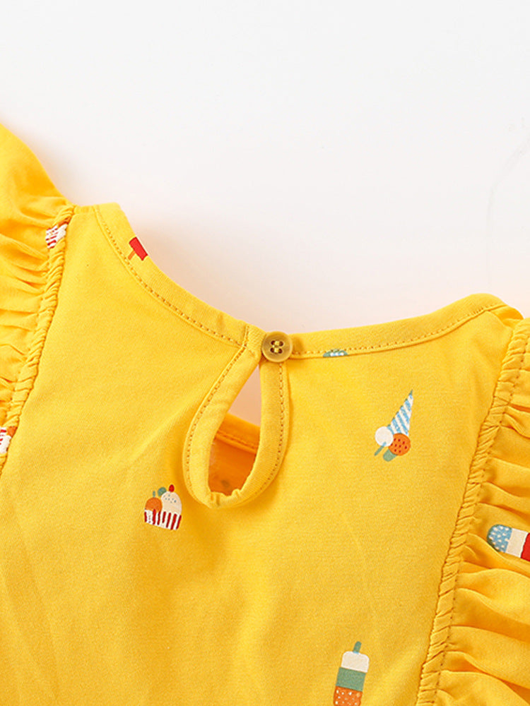 Summer New Arrival Baby Kids Girls Sleeveless Ice-Cream Pattern Crew Neck Yellow Dress-2