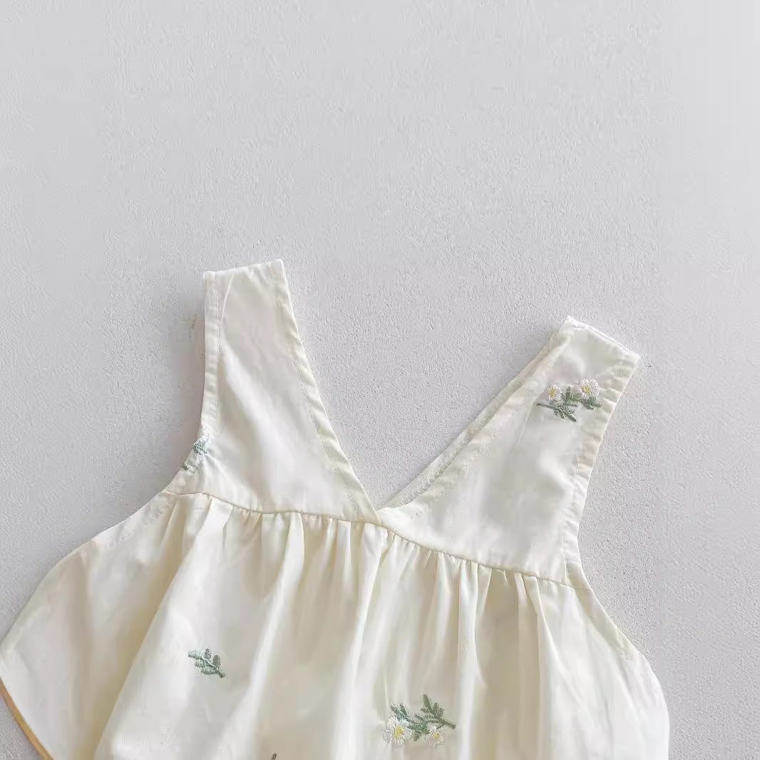 New Arrival Summer Baby Kids Girls Solid Color Striped Pattern Short Sleeves Ruffle Neck Top Shirt And Thin Floral Embroidery Strap Onesies – Baby Girls Matching Clothing Set-1