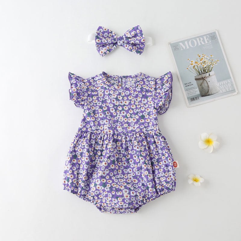 Baby Girl Floral Print Onesies With Headband In Summer Outfit Wearing-0