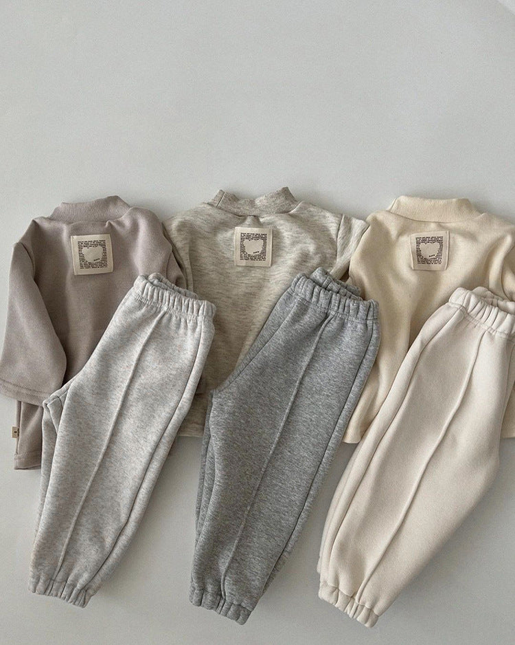 Baby Solid Color Loose Fleece Thickened Warm Sweatpants In Autumn-2