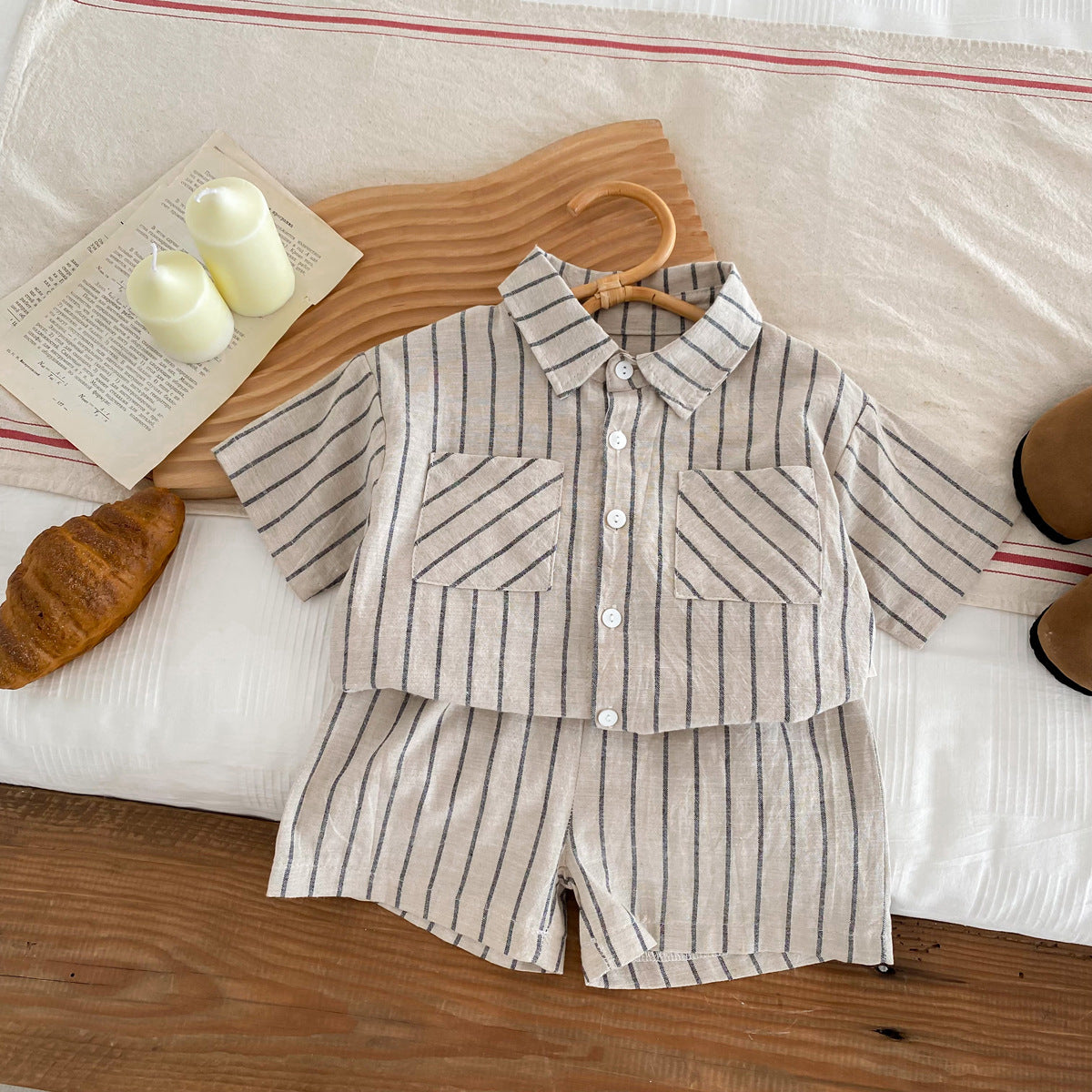 Spring Baby Kids Unisex Striped Top Shirt And Shorts Clothing Set-2