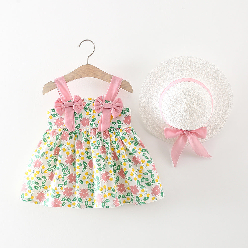 Baby Girl Flower Pattern Bow Patched Design Beautiful Dress-1