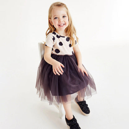 Summer Kids Girls Short Sleeves Polka Dots Pattern Mesh Patchwork Princess Dress-3