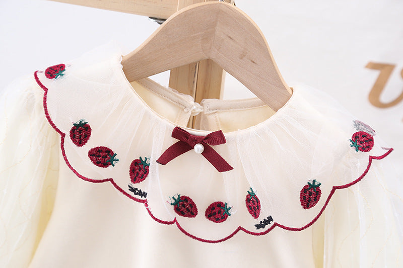 Baby Girl Strawberries Embroidered Graphic Doll Neck Puff Sleeves Bow Patched Shirt-2