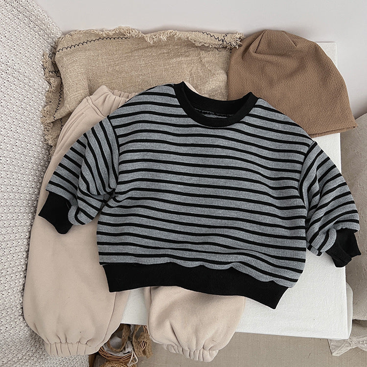 Baby Striped Pattern Long Sleeve Loose Crewneck Pullover Hoodies-2