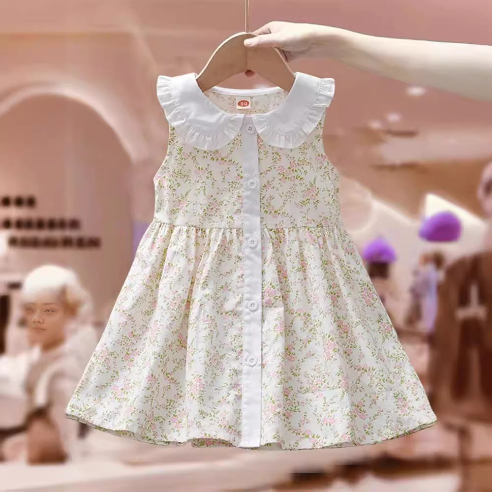 Summer Baby Kids Girls Sleeveless Single Breasted Simple Floral Print Princess Dress-2