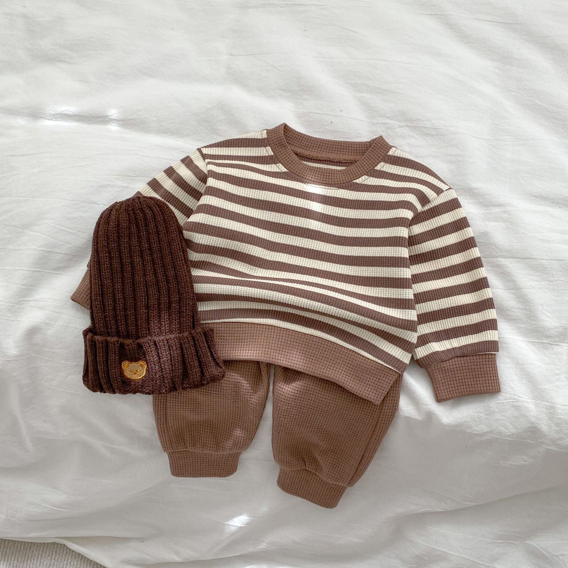 Baby Striped Pattern Waffle Fabric Hoodies Combo Pants Sets-2