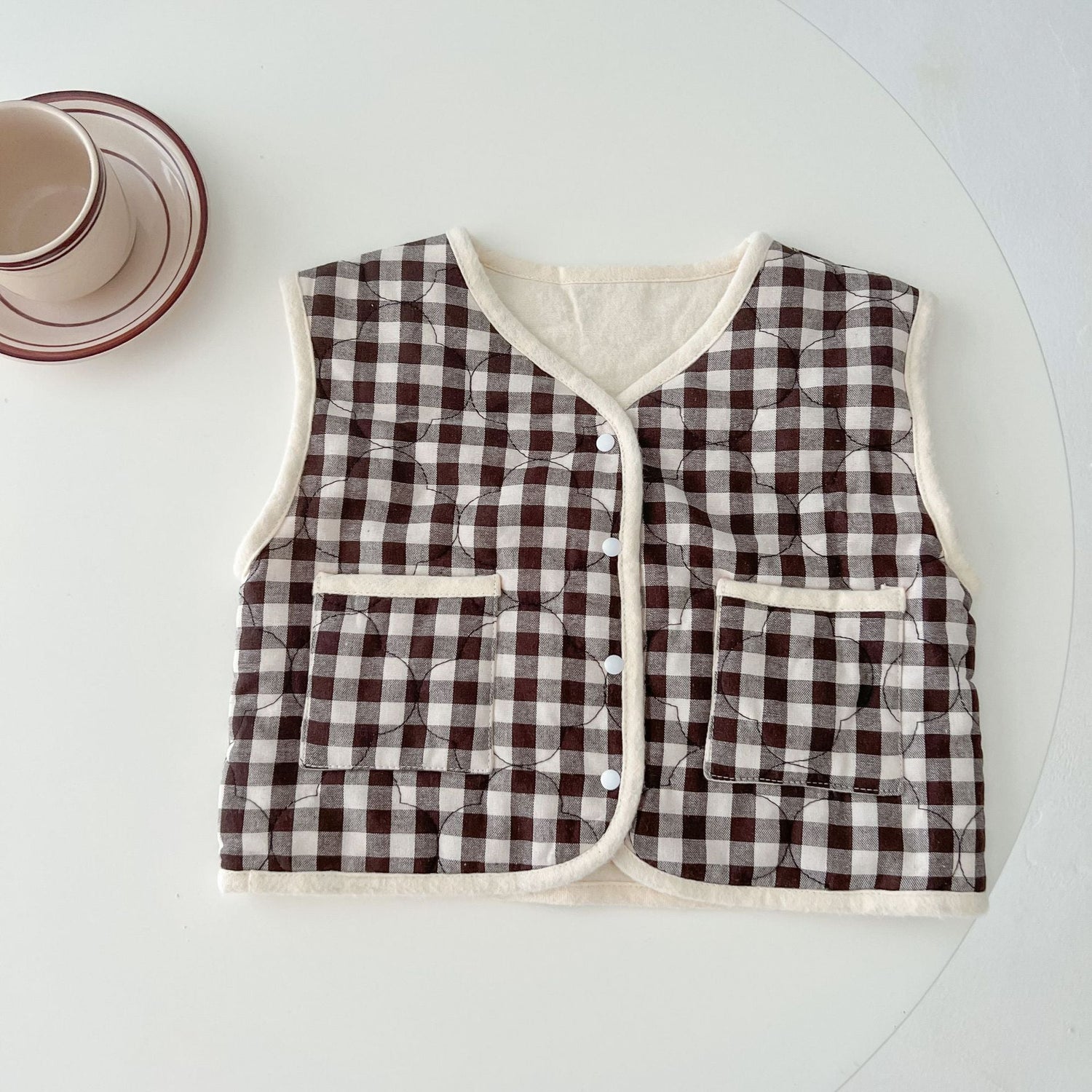 Baby Colorblock Plaid Pattern Sleeveless Thickened Quilted Vest Coat Outfit-2