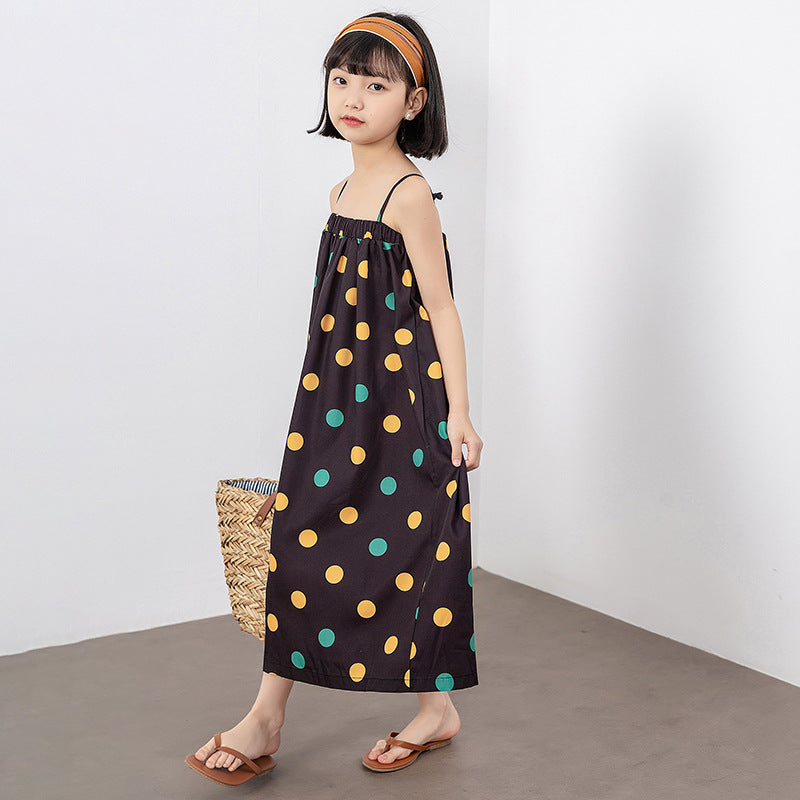 Girls Colorful Polka Dot Pattern Sling Quality Long Dress-1