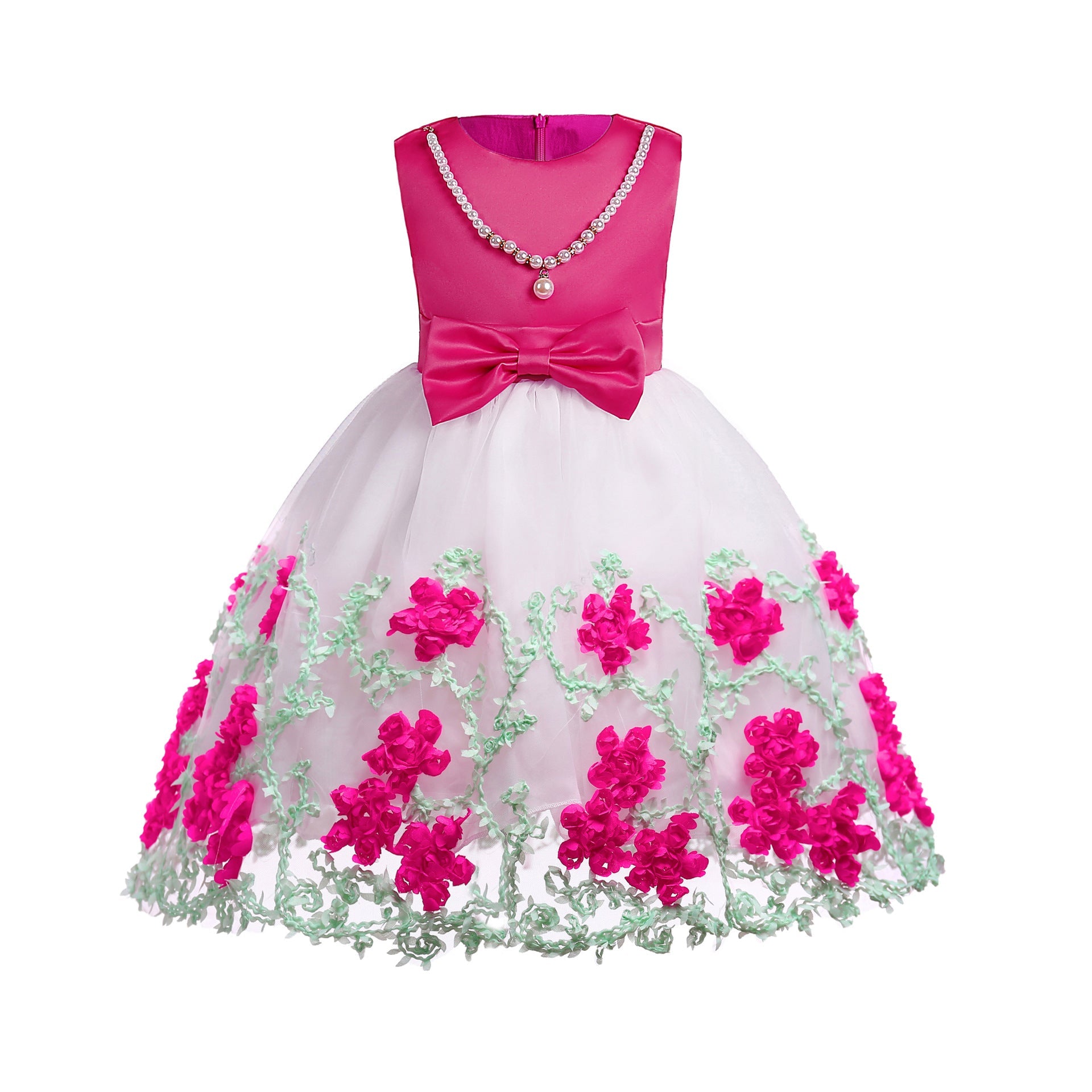 Baby Girl Flower Mesh Overlay Design Bow Tie Vest Dress Birthday Formal Dress-1