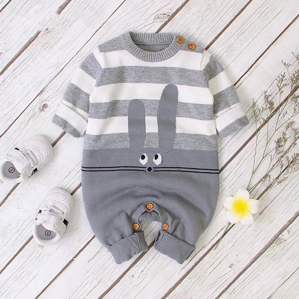 Baby Bunny Embroidery Striped Pattern Contrast Knitted Romper-1