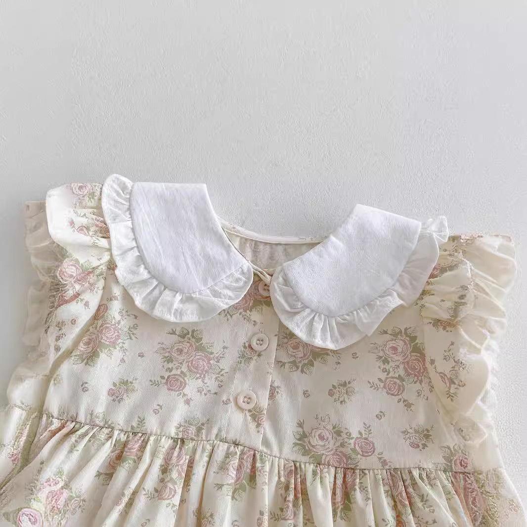 Summer New Arrival Baby Girls Short Sleeves Flowers Pattern Peter Pan Collar Onesies Dress-1