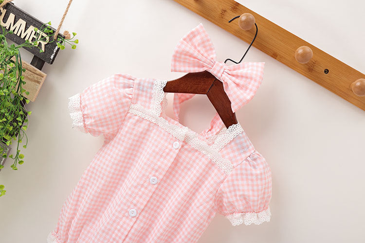 Baby Girl Plaid Pattern Lace Patchwork Design Bubble Short-Sleeved Onesies With Buttons-2