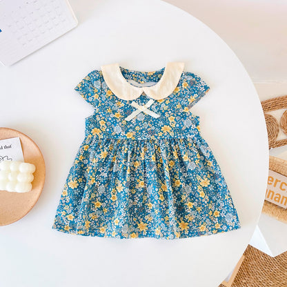 Baby Girls Floral Print Backless Design Doll-Neck Dress With Bow Decoration-2