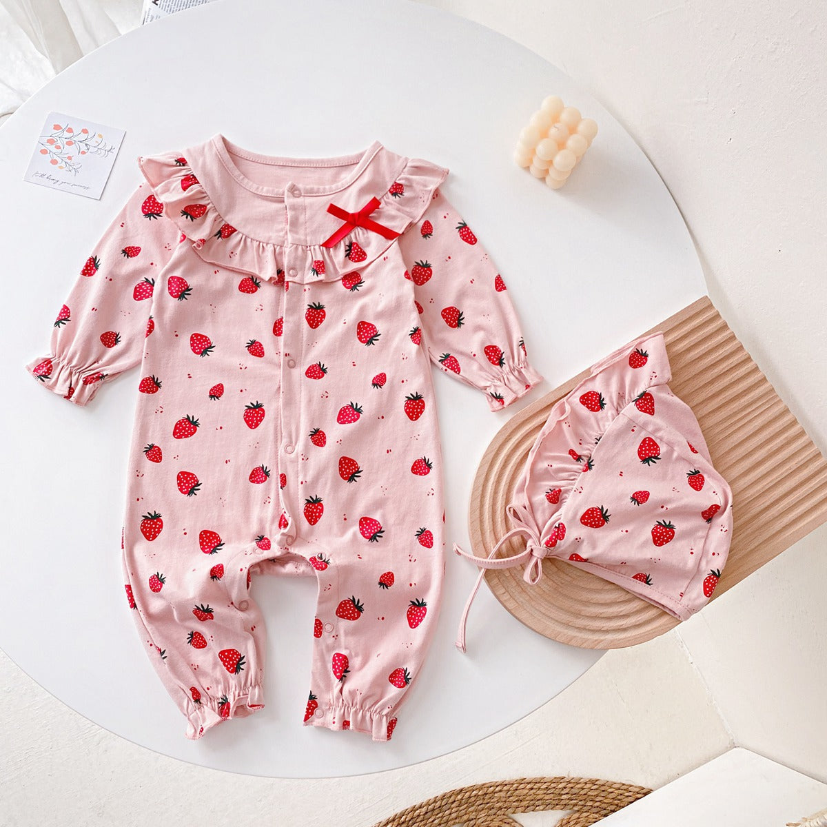 Baby Girl Allover Strawberries Pattern Ruffle Design Button Front Romper-2