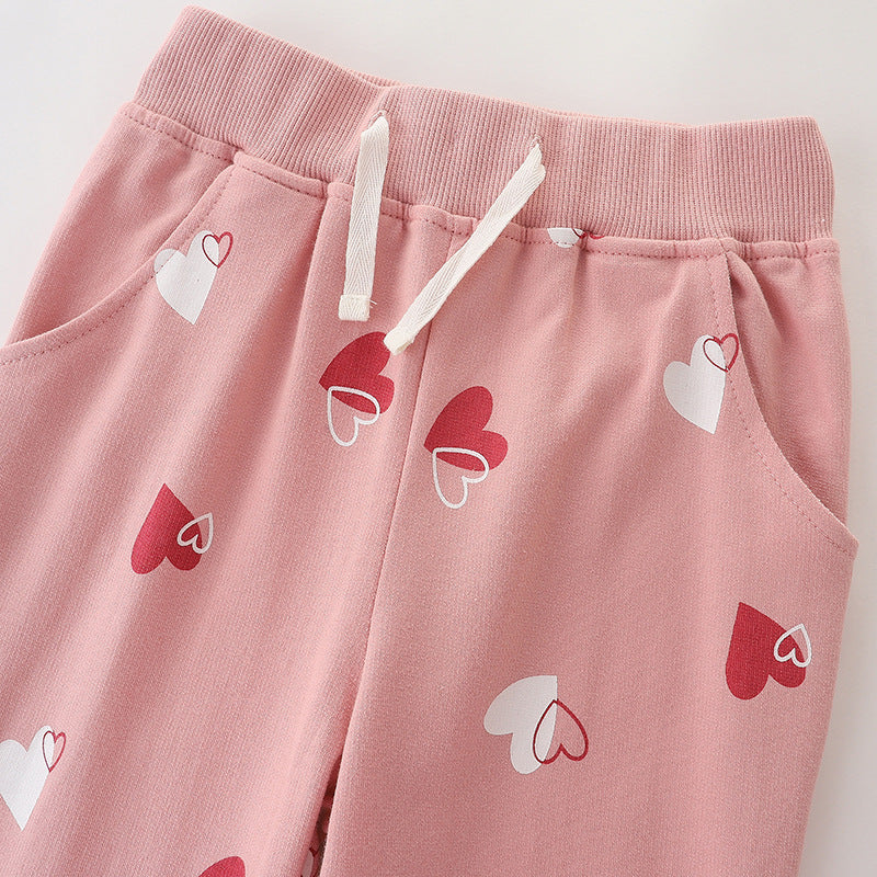 Baby Girl Heart Print Pattern Solid Color Cute Sport Trousers-2