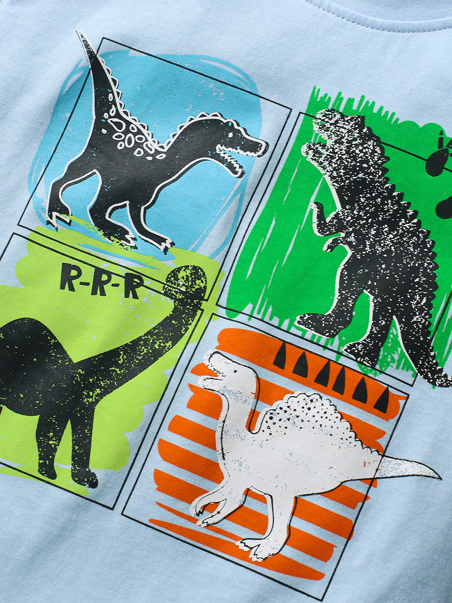 Boys’ Dinosaur Cartoon Print T-Shirt In European And American Style For Summer-3