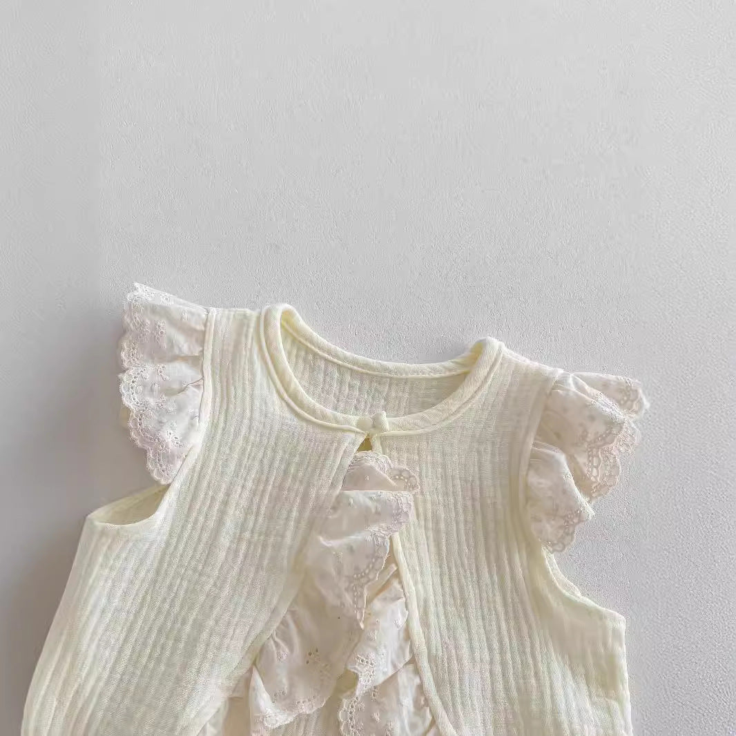 Summer Hot Selling Baby Girls Fly Sleeves Hollow Out Lace Trim Open-Front Top Vest And Bloomers Clothing Set-2