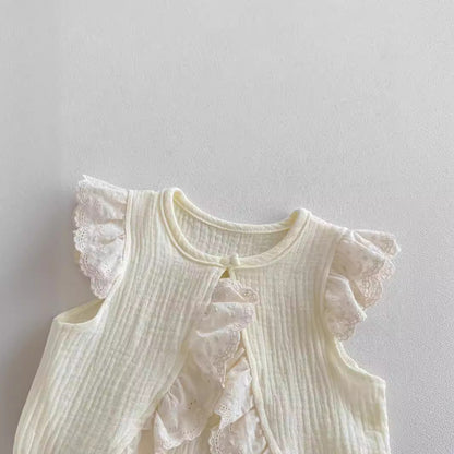 Summer Hot Selling Baby Girls Fly Sleeves Hollow Out Lace Trim Open-Front Top Vest And Bloomers Clothing Set-2