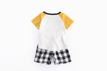 Baby Boys Bear Print Pattern Clashing Short-Sleeved Top Combo Plaid Shorts Sets-2