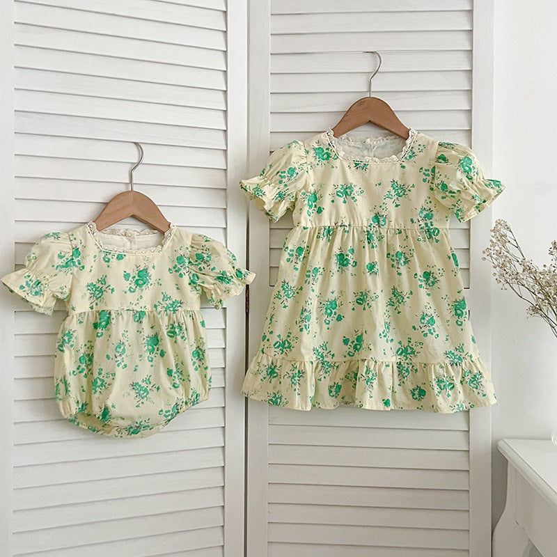 Summer Girls Green Floral Pattern Square Neck Onesies And Girls’ Dress – Princess Sister Matching Set-3