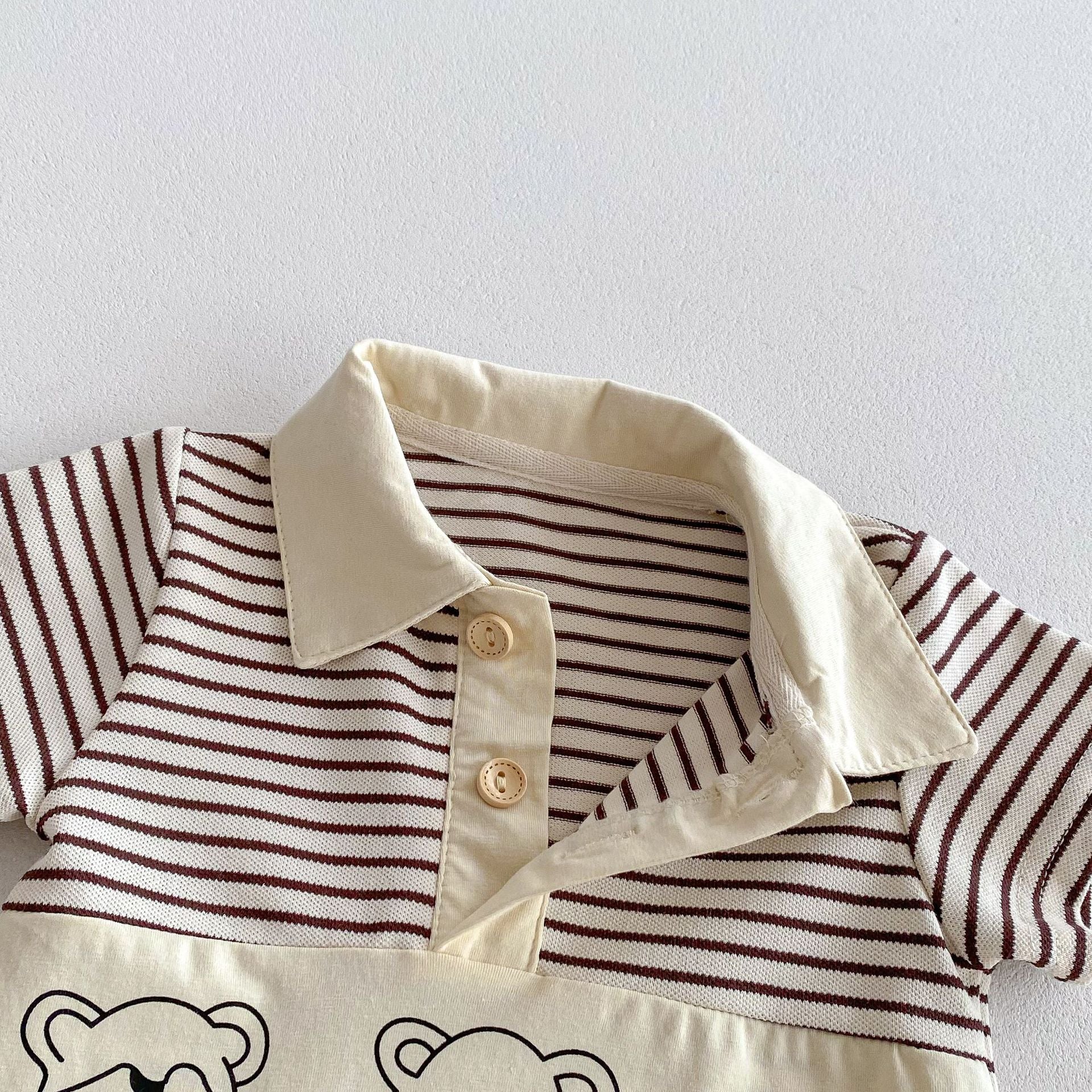 Summer New Design Short Sleeves Striped Turn-Down Collar Teddy Pattern Baby Rompers-3