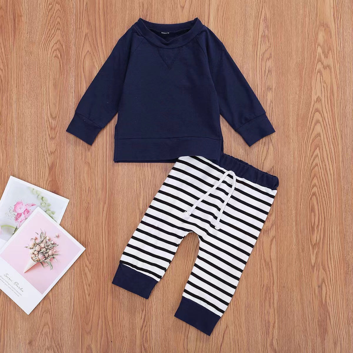 Baby Boy 1pcs Solid Color Hoodie Combo Striped Pattern Trousers Sets-1