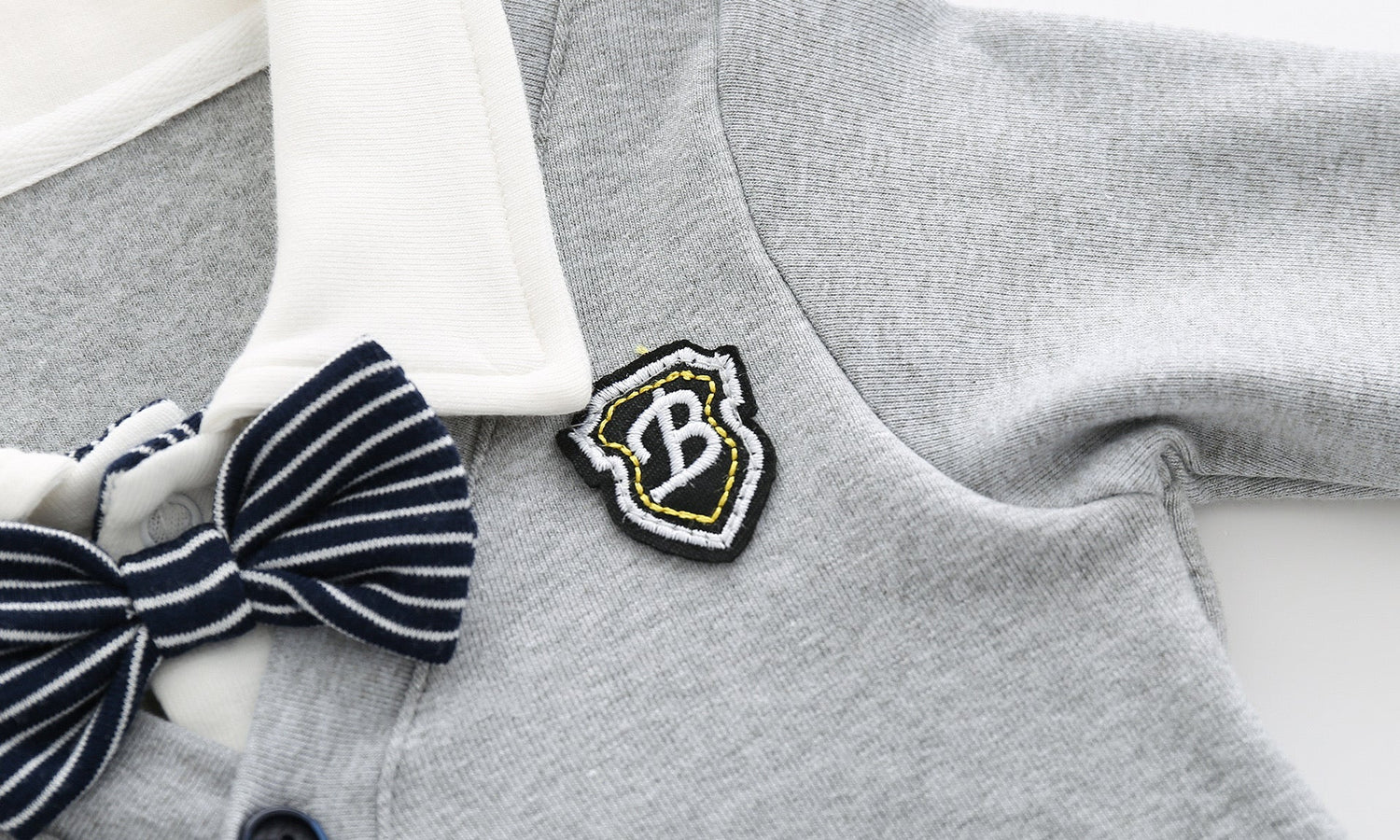 Baby Boy Badge Patched Pattern Striped Contrast Design Snap Button Front Bow Tie Rompers-2