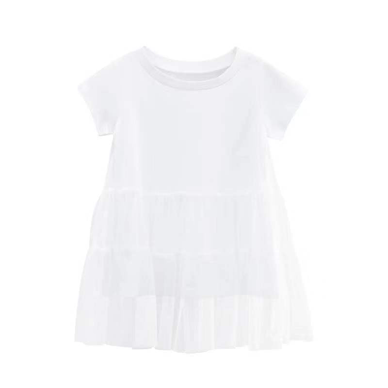 Girl Solid Mesh Pattern Short Sleeve Round Collar Dress In Summer-1