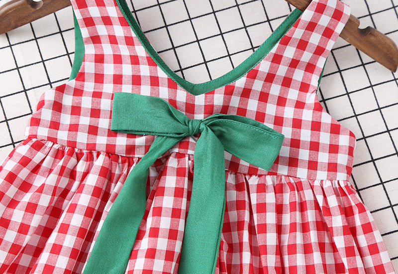 Baby Girl Plaid Pattern Bow Tie Decoration Sleeveless Dress-2