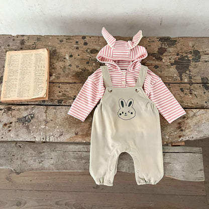 Spring Baby And Kids Unisex Striped Hoodie Top And Rabbit Cartoon Overalls Romper Clothing Set-2