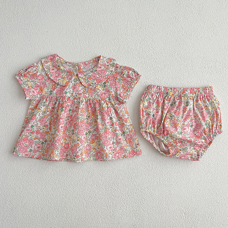 Summer Baby Kids Girls Floral Print Short Sleeves Top And Bloomers-1