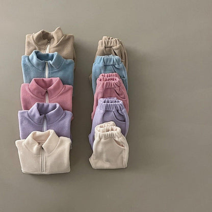 Baby Solid Color Double Sided Fleece Stand Collar Sweater Sets-2