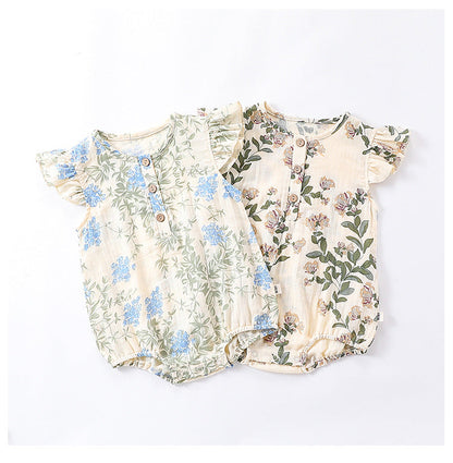 Summer New Arrival Baby Girls Plain Floral Print Fly Sleeves Crew Neck Onesies-2