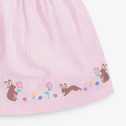 Baby Kids Girls Pink Short Sleeves Dress With Rabbits And Flowers Pattern-2