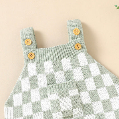 Baby Checkerboard Pattern Strap Design Knit Spring Autumn Rompers-2