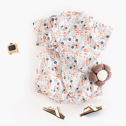 Summer New Arrival Baby Unisex Floral Print Short Sleeves V Neck Sleeping Onesies-2