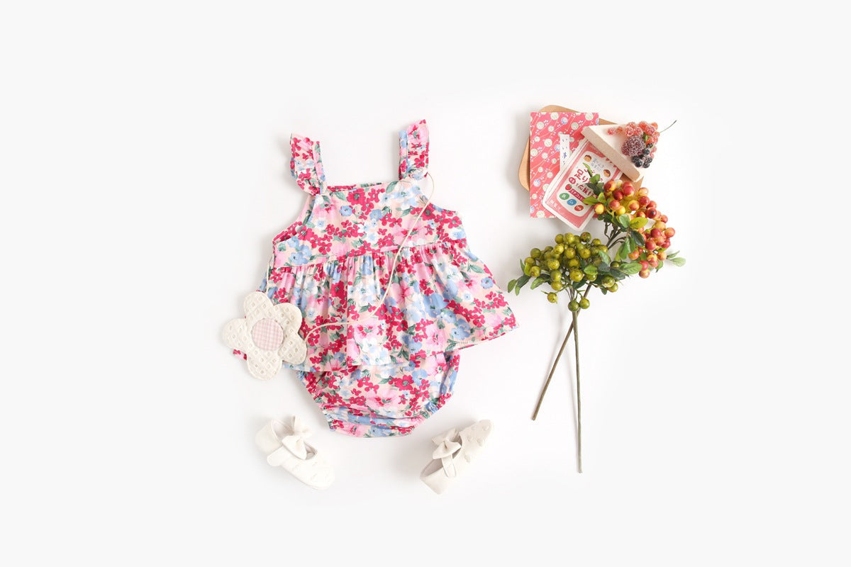 Baby Girl Floral Print Sleeveless Tops Combo Shorts Sets In Summer-2