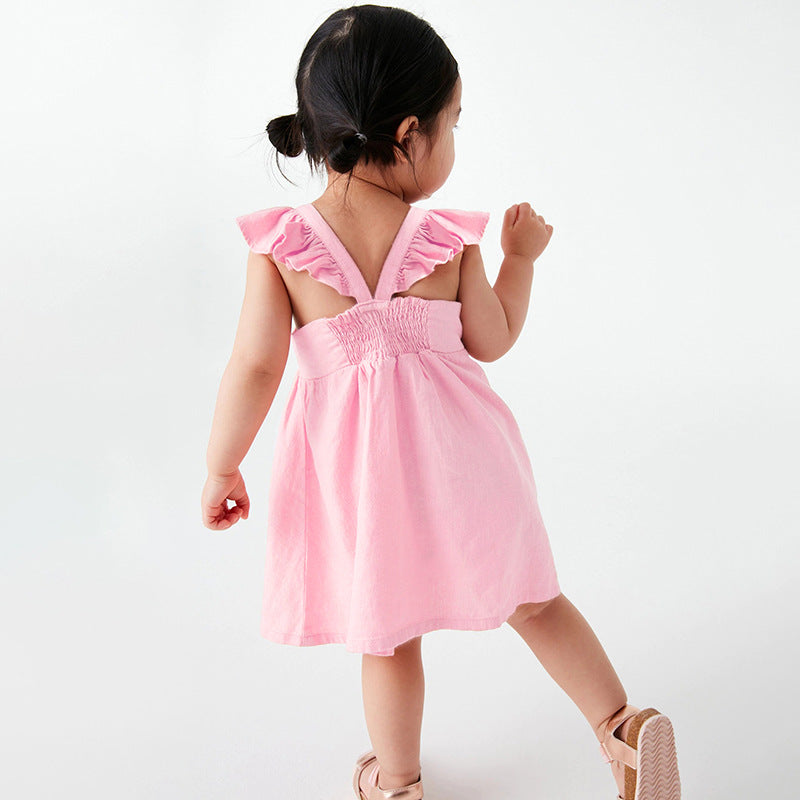 Baby Kids Girls Pink Square Neck Floral Embroidered Fly Sleeves Strap Dress-3